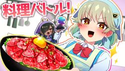  2girls apron aqua_hair aqua_headscarf aqua_sweater_vest artist_request bad_food blush bow bowl bowtie brown_hair censored chibi colored_inner_hair commentary_request dark-skinned_female dark_skin donburi dragon_musume_ni_naritakunai! duel_masters egg_yolk green_apron green_hair hair_over_one_eye headscarf highres holding holding_plate long_hair mosaic_censoring multicolored_hair multiple_girls nagareboshi_asche necktie official_art open_mouth orange_eyes plate purple_headscarf red_bow red_bowtie red_necktie roast_beef sava_k_zeos school_uniform shirt short_hair sparkle sweater_vest translation_request upper_body white_shirt yellow_eyes 