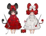  2girls animal_ears arms_at_sides ascot barefoot black_hair blush bob_cut bow bowtie chibi chinese_commentary commentary dress frown full_body grey_eyes hair_bow holding holding_needle holding_sewing_needle long_sleeves looking_at_viewer matching_outfits mouse_ears mouse_girl mouse_tail multiple_girls needle original red_bow red_bowtie red_dress red_theme redhead sewing_pin short_hair side-by-side simple_background smile spool standing starshadowmagician straight-on tail thread twintails white_ascot white_background white_bow white_dress 