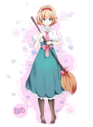  1girl 2018 alice_margatroid aqua_eyes black_pantyhose blonde_hair blush bow broom commentary_request dated dress furim green_dress hairband highres holding holding_broom looking_at_viewer open_mouth pantyhose pink_bow solo touhou white_background 