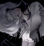 1girl backless_dress backless_outfit bandage_over_one_eye black_background detached_sleeves dress from_behind grey_dress grey_sleeves highres long_hair looking_at_viewer looking_back mado_tyan no.21:_xxi_(punishing:_gray_raven) no.21_(punishing:_gray_raven) open_mouth pale_skin pose_request punishing:_gray_raven sleeves_past_fingers sleeves_past_wrists solo subdermal_port very_long_hair violet_eyes 