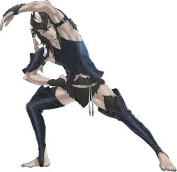  1boy arm_armor armor barefoot blue_armor breastplate brown_fur fire_emblem fire_emblem_awakening full_body kozaki_yuusuke leg_armor looking_at_viewer official_art red_eyes serious solo stretching taguel transparent_background white_hair yarne_(fire_emblem) 