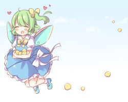  1girl :d =_= animal aqua_shoes baby_animal bird blue_background blue_sk blue_skirt blue_vest bow bowtie chick coa_(chroo_x) collared_shirt commentary_request daiyousei fairy_wings full_body gradient_background green_hair hair_bow heart holding holding_animal mary_janes medium_hair one_side_up open_mouth puffy_short_sleeves puffy_sleeves shirt shoes short_sleeves skirt smile socks solo touhou vest white_background white_shirt white_socks wings yellow_bow yellow_bowtie 