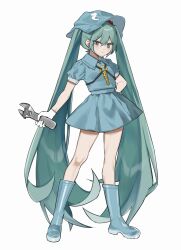  1girl absurdres adjustable_wrench blue_boots blue_eyes blue_hair blue_hat blue_shirt blue_skirt blush boots chinese_commentary collared_shirt commentary_request cosplay full_body gloves half-closed_eyes hand_on_own_hip hat hatsune_miku highres holding holding_wrench iwakoo kawashiro_nitori kawashiro_nitori_(cosplay) key legs_apart long_hair looking_at_viewer miniskirt puffy_short_sleeves puffy_sleeves rubber_boots shirt short_sleeves simple_background skirt smile solo standing touhou twintails very_long_hair vocaloid white_background white_gloves wrench 