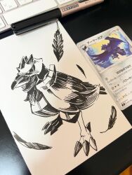  absurdres art_tools_in_frame bird card closed_mouth commentary_request computer_keyboard corviknight corvisquire feathers full_body fuse_ryuuta greyscale highres marker marker_(medium) monochrome no_humans official_artist_extra photo_(medium) pokemon pokemon_(creature) pokemon_card pokemon_focus pokemon_tcg solo trading_card traditional_media 