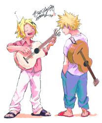  2boys acoustic_guitar arms_up bakugou_katsuki black_sandals blonde_hair blue_pants boku_no_hero_academia closed_eyes crew_neck curtained_hair dated guitar hand_in_pocket highres holding holding_instrument ikapnmn2 instrument instrument_on_back kaminari_denki male_focus multicolored_hair multiple_boys musical_note open_collar open_mouth pants pinstripe_pattern pinstripe_shirt playing_guitar playing_instrument protected_link red_eyes red_sandals red_shirt sandals shirt short_hair short_sleeves signature spiky_hair standing streaked_hair t-shirt teeth very_short_hair white_background white_pants wing_collar 
