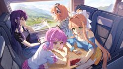  4girls artist_request black_shirt blue_eyes blue_shirt book bow breasts brown_hair brown_skirt cellphone commentary cow doki_doki_literature_club earphones english_commentary fang grass green_eyes hair_bow hair_ornament hair_ribbon hairclip hand_on_own_face highres large_breasts long_hair looking_at_phone looking_outside medium_breasts monika_(doki_doki_literature_club) mountain mountainous_horizon multiple_girls natsuki_(doki_doki_literature_club) official_art open_book open_mouth pants phone pink_eyes pink_hair pink_skirt plaid_clothes plaid_skirt purple_hair ribbon river sayori_(doki_doki_literature_club) shared_earphones shirt short_hair sitting skin_fang skirt smartphone smile striped_clothes striped_shirt table train_interior violet_eyes white_ribbon white_shirt window wooden_table yuri_(doki_doki_literature_club) 