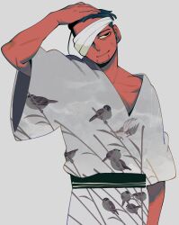  1boy adjusting_hair akira_kira animal_print bandage_over_one_eye bird black_hair buzz_cut collarbone commentary_request cowboy_shot facial_hair golden_kamuy grin hair_slicked_back hand_on_own_head highres japanese_clothes kimono obi ogata_hyakunosuke one_eye_covered sash scar scar_on_cheek scar_on_face short_hair simple_background smile solo sparrow standing stubble undercut very_short_hair white_background white_kimono 