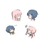  2girls asahina_yuni blue_hair chibi chinese_commentary closed_mouth commentary_request eye_contact haoxiangkan_nutong kyou_wa_kanojo_ga_inai_kara long_hair looking_at_another medium_hair multiple_girls multiple_views open_mouth pink_hair simple_background surprised taki_fuuko upper_body white_background |_| 
