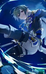  1boy ahoge aqua_vest ass black_boots black_choker black_gloves blue_cape blue_coat blue_shirt blurry blurry_background boots cape choker clouds coat collared_coat collared_shirt commentary crossed_bangs earrings energy english_commentary from_below genshin_impact gloves gold_trim grey_hair grin hair_between_eyes hair_intakes high_collar highres holding holding_polearm holding_weapon jewelry jumping kicking lapels lohen_(genshin_impact) long_sleeves looking_at_viewer looking_down male_focus mole mole_under_eye multicolored_eyes night open_clothes open_coat outdoors pants polearm red_eyes ring shirt shokun_2 short_hair single_earring sky smile solo teeth thigh_boots thigh_strap vest weapon white_pants white_shirt wing_collar 