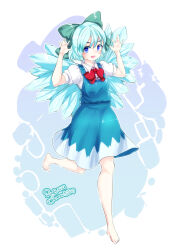  1girl 2018 arms_up bare_legs barefoot blue_dress bow cirno commentary_request dated dress furim green_bow hair_bow highres ice ice_wings looking_at_viewer open_mouth puffy_sleeves red_bow solo toes touhou white_background white_dress wings 
