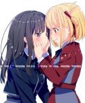 2girls artist_name black_hair blonde_hair blue_dress bob_cut dress eye_contact hair_ribbon hands_on_another&#039;s_face inoue_takina long_hair looking_at_another lycoris_recoil lycoris_uniform multiple_girls nishikigi_chisato red_dress red_eyes red_ribbon ribbon satomi_yoshitaka short_hair simple_background two-tone_dress upper_body violet_eyes white_background yuri