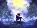  animal_focus artist_name calyrex calyrex_(shadow_rider) clouds forest grass happy_halloween horse huge_moon jack-o&#039;-lantern moon nature night no_humans pokemon pokemon_(creature) spectrier sreg_ao_art tree 