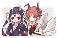  2girls black_feathers butter_run commentary_request double_bun feathered_wings feathers hair_bun heart hexagram highres holding holding_feather horns love_me_ren-ren magical_girl mahou_shoujo_ikusei_keikaku mahou_shoujo_ikusei_keikaku_breakdown multiple_girls nephilia_(mahoiku) pink_hair red_eyes short_hair violet_eyes white_hair white_wings wings 