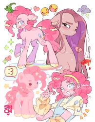  1girl :3 :d alligator alternate_costume animal arm_warmers blue_eyes blue_overalls colored_skin commentary creature_and_personification crocodilian curly_hair cutie_mark cutie_mark_print dark_persona gummy_(my_little_pony) hairband highres kinky_hair long_hair looking_at_viewer multiple_persona my_little_pony my_little_pony:_equestria_girls my_little_pony:_friendship_is_magic no_lineart overalls personification pink_hair pink_skin pinkamena_diane_pie pinkie_pie pinkie_pie_(equestria_girls) pony_(animal) puddle rainbow sharpycharot shirt short_sleeves simple_background smile solid_circle_eyes spoken_expression storm_cloud tears white_background yellow_arm_warmers yellow_hairband yellow_shirt 