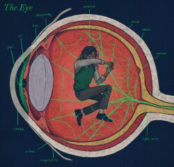  1boy anatomy cross-section dark-skinned_male dark_skin english_text eyeball full_body green_eyes highres jonathan_sims label pants shirt shoes silk solo spider_web sporeganism sweater_vest the_magnus_archives 