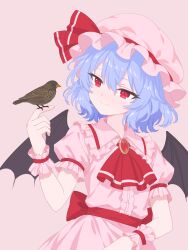  1girl absurdres ascot bat_wings bird bird_on_hand blue_hair brooch chinese_commentary closed_mouth commentary_request frilled_wrist_cuffs frills hat hat_ribbon highres jewelry kerbin_horizon medium_hair mob_cap pink_background pink_hat pink_shirt pink_skirt puffy_short_sleeves puffy_sleeves red_ascot red_eyes red_wrist_cuffs remilia_scarlet ribbon shirt short_sleeves simple_background skirt skirt_set smile solo touhou wings wrist_cuffs 