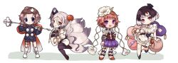  4girls amy_(mahoiku) black_hair black_pantyhose blue_eyes brown_hair butter_run closed_mouth commentary_request dress fox_tail frilled_dress frills fukuroi_marika gloves highres holding holding_staff japanese_clothes leaf long_hair magical_girl mahou_shoujo_ikusei_keikaku mahou_shoujo_ikusei_keikaku_f2p mahou_shoujo_ikusei_keikaku_jokers monako_(mahoiku) multicolored_hair multiple_girls open_mouth orange_hair pantyhose red_eyes shakujou short_hair staff styler_mimi tail two-tone_hair violet_eyes white_gloves white_hair yellow_eyes 