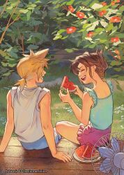  1boy 1girl aged_down aqua_shirt arm_support bare_shoulders blonde_hair blue_shorts braid brown_hair bush closed_eyes cloud_strife commentary day electric_fan english_commentary facing_another final_fantasy final_fantasy_vii flower food fruit grass hair_bun holding holding_food open_mouth outdoors pink_skirt plate ponytail porch red_flower shirt short_ponytail shorts single_hair_bun sitting skirt sleeveless sleeveless_shirt sleeves_rolled_up smile spiky_hair summer teeth thar_chandran tifa_lockhart upper_teeth_only watermelon watermelon_slice white_shirt 