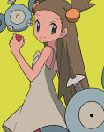 1girl brown_hair closed_mouth commentary_request dress eyelashes green_background green_eyes hand_up highres holding holding_poke_ball jasmine_(pokemon) long_hair looking_back magnemite poke_ball poke_ball_(basic) pokemon pokemon_(creature) pokemon_gsc simple_background sleeveless sleeveless_dress smile twintails two_side_up tyako_089