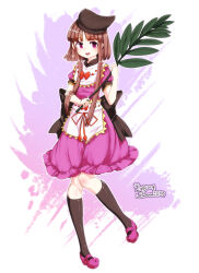  1girl 2018 black_socks bow branch brown_hair commentary_request dated furim highres holding holding_branch kneehighs long_hair looking_at_viewer nishida_satono open_mouth purple_background purple_shoes red_bow shoes socks touhou two-tone_background violet_eyes white_background 