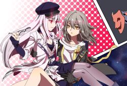  2girls black_gloves black_hat carrying carrying_person closed_mouth commentary_request earrings glasses gloves grey_hair hat highres holding holding_removed_eyewear honkai:_star_rail honkai_(series) jewelry long_hair looking_at_another medium_hair multiple_girls nihilux_(honkai:_star_rail) parted_lips red_eyes smile stelle_(honkai:_star_rail) trailblazer_(honkai:_star_rail) unworn_eyewear white_hair yellow_eyes yuri yuyu_(oiun461) 