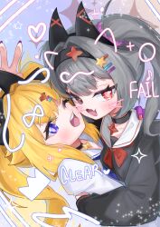  2girls :3 :d ;d absurdres alternate_costume animal_ears black_choker black_eyes black_hairband black_shirt blonde_hair blue_eyes blue_neckerchief blue_pupils blush bow bowtie cat_ears character_name cheek-to-cheek choker clear_(djmax) commentary_request djmax djmax_respect dot_nose drawn_ears drawn_whiskers eqoo fail_(djmax) fang from_side gradient_background grey_hair hair_intakes hair_ornament hair_scrunchie hairband hairclip hand_on_another's_head heads_together heart heart_hair_ornament heterochromia highres hug korean_commentary long_hair long_sleeves looking_at_viewer looking_to_the_side mismatched_pupils multi-source_commentary multiple_girls musical_note neckerchief one_eye_closed open_mouth parallel_hairclips pink_background pink_pupils purple_background purple_scrunchie raised_inner_eyebrows red_bow red_bowtie red_eyes red_pupils sailor_collar scrunchie shirt simple_background skin_fang smile sparkle star_(symbol) star_choker star_hair_ornament symbol-shaped_pupils teeth twintails upper_body upper_teeth_only v white_sailor_collar white_shirt x-shaped_pupils yellow_background 