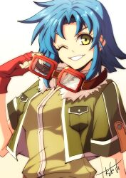  1girl akane_kazami artist_name blue_hair commentary_request curtained_hair eiyuu_densetsu gloves goggles goggles_around_neck green_vest highres josette_capua leather leather_gloves looking_at_viewer one_eye_closed short_hair smile sora_no_kiseki sora_no_kiseki_sc tomboy vest white_background yellow_eyes 
