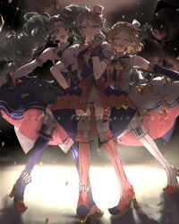  3girls :d blonde_hair blue_boots blue_bow blue_bowtie blue_hat blue_skirt blue_wrist_cuffs boots bow bowtie closed_eyes elbow_gloves falulu falulu_(awakened) forehead_jewel frilled_gloves frills full_body gem gloves green_eyes green_hair grey_hair hat highres jacket long_hair medium_hair midorikaze_fuwari mini_hat mini_top_hat multicolored_bow multicolored_bowtie multiple_girls overskirt pink_gem poteto_(mochimochinc) pretty_series pripara puffy_short_sleeves puffy_sleeves red_boots red_bow red_bowtie red_hat red_jacket red_overskirt red_wrist_cuffs shikyoin_hibiki shirt short_hair short_sleeves shorts skirt sleeveless sleeveless_jacket smile striped_bow striped_bowtie striped_clothes thigh-highs thigh_boots top_hat white_boots white_bow white_bowtie white_gloves white_hat white_shirt white_shorts white_thighhighs wrist_cuffs 