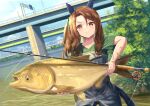  1girl animal animal_ears blue_overalls bow bridge brown_eyes brown_hair bush closed_mouth commentary_request dirty_hands ear_covers fish fish_request fishing_line fishing_rod fusou_(fuso0205) green_bow green_shirt hair_bow highres holding holding_animal holding_fish holding_fishing_rod horse_ears horse_girl king_halo_(umamusume) looking_at_viewer outdoors overalls shirt short_sleeves smile solo standing umamusume water 