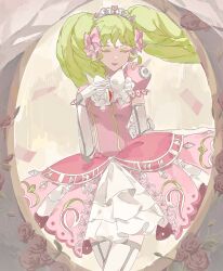  1girl bow bowtie breasts closed_eyes closed_mouth colored_eyelashes commentary_request dress elbow_gloves falulu frilled_dress frills gloves green_hair hair_bow hand_on_own_chest headphones highres long_hair pink_bow pink_dress poteto_(mochimochinc) pretty_series pripara puffy_short_sleeves puffy_sleeves short_sleeves silver_tiara small_breasts solo thigh-highs tiara white_bow white_bowtie white_gloves white_thighhighs winding_key 