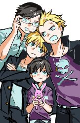  1boy adjusting_eyewear age_comparison aged_down angry black_hair blonde_hair blush clenched_teeth face_piercing flykiller33 frown gakuran glasses grey_eyes hair_slicked_back hand_on_eyewear happy highres holding holding_stuffed_toy jacket jewelry looking_at_another looking_at_viewer looking_to_the_side looking_up multiple_persona multiple_piercings necklace nose_piercing open_clothes open_jacket persona persona_4 piercing purple_shirt scar scar_on_face school_uniform semi-rimless_eyewear shirt short_hair skull_print stuffed_animal stuffed_rabbit stuffed_toy sweatdrop tatsumi_kanji teeth white_background white_shirt yasogami_school_uniform 