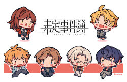  1girl 6+boys absurdres artem_wing_(tears_of_themis) artist_name blonde_hair blue_hair blush_stickers border bowing brown_hair chibi chibi_only copyright_logo copyright_name davis_(tears_of_themis) fuocohuo grey_hair halftone happy highres jumping logo luke_pearce_(tears_of_themis) marius_von_hagen_(tears_of_themis) multiple_boys orange_hair outline pixiv_username rosa_(tears_of_themis) running short_eyebrows simple_background sitting tears_of_themis vyn_richter_(tears_of_themis) white_background 