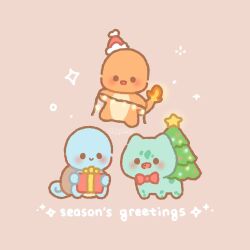  artist_name bow bowtie box bulbasaur charmander christmas christmas_lights christmas_present christmas_tree closed_mouth clothed_pokemon commentary english_commentary english_text fang fire flame-tipped_tail full_body gift gift_box hat highres holding holding_box holding_gift no_humans open_mouth peggy_(eggumu) pink_background pokemon pokemon_(creature) pokemon_focus red_bow red_bowtie red_hat santa_hat simple_background smile solid_circle_eyes sparkle squirtle star_(symbol) starter_pokemon_trio tail tree-topper 