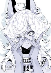  1boy ahoge animal_ears cyno_(genshin_impact) dark-skinned_male dark_skin ear_piercing fox_boy fox_ears fox_shadow_puppet genshin_impact highres ksam_7 long_hair male_focus monochrome piercing smile solo white_hair 