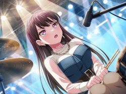  1girl bang_dream! bang_dream!_it's_mygo!!!!! belt blue_jacket blush breasts brown_belt brown_hair cymbals drumsticks earrings from_below game_asset holding holding_drumsticks instrument jacket jewelry long_hair looking_ahead microphone_stand mole mole_under_eye official_art see-through_clothes see-through_sleeves shiina_taki solo sweatdrop third-party_source violet_eyes 
