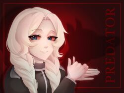  1girl black_jacket blue_eyes braid clapping collared_jacket colored_sclera english_text jacket jpeg_artifacts military_jacket original red_background red_sclera rusizel_(oc) shoulder_boards smile soldier solo temporallamb twin_braids upper_body 