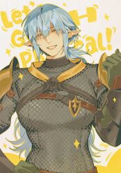  1girl 7nite absurdres armor blue_hair bodysuit chest_harness closed_eyes copyright_request earrings gloves hair_between_eyes hand_on_own_hip harness highres jewelry leather_armor low_ponytail original pauldrons pointy_ears ponytail short_hair shoulder_armor single_pauldron smile upper_body 