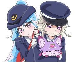 1other 2girls :3 akizora_(aki_precure) blazer blue_hair carrying closed_eyes collared_shirt commentary_request curious earrings fairy_(precure) floating_earrings grey_hair hair_rings hands_on_another's_shoulders hat high_ponytail highres ieri_shiruku jacket jewelry long_hair looking_at_another mashu-tan meitantei_precure! moria_luluka moria_luluka_(civilian) multiple_girls necktie peeking police police_hat police_uniform policewoman ponytail precure sash shirt simple_background single_earring teardrop_earrings upper_body very_long_hair violet_eyes white_background white_shirt
