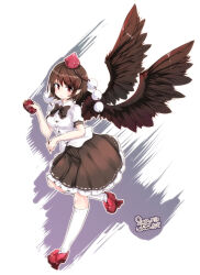  1girl 2018 black_bow black_skirt blush bow commentary_request dated dress feathered_wings furim hat highres holding holding_pen kneehighs looking_at_viewer pen pointy_ears pom_pom_(clothes) red_bow red_eyes red_hair red_shoes shameimaru_aya shoes skirt socks solo tengu tokin_hat touhou white_background white_dress wings 