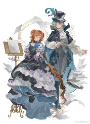  2girls absurdres ascot black_boots black_gloves black_hairband black_shoes boots closed_mouth commentary conductor_baton double_bun dress full_body gloves green_eyes grey_eyes grey_hair grey_pants hair_bun hair_ornament hairband hat hat_feather hice_hideice highres holding holding_baton holding_staff holding_wand layered_dress long_sleeves looking_at_another multiple_girls music_stand musical_staff official_alternate_costume orange_hair overskirt pants paper polka_dot puffy_long_sleeves puffy_short_sleeves puffy_sleeves reverse:1999 shoes short_sleeves sonetto_(reverse:1999) sparkle_hair_ornament staff top_hat under-elbow_gloves vertin_(reverse:1999) wand watermark weibo_watermark white_ascot 