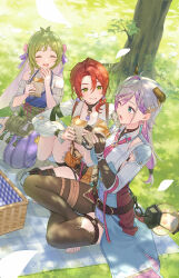  3girls ahoge antenna_hair asymmetrical_sleeves atelier_(series) atelier_resleriana bare_shoulders belt black_gloves black_nails black_shorts blue_coat blue_eyes braid breasts broken_horn choker closed_eyes coat crop_top crossed_legs curved_horns demon_horns detached_sleeves dress earrings eating flocke_cerha flower food gloves green_eyes green_hair green_veil grey_hair hair_flower hair_ornament hair_ribbon handkerchief heidi_(atelier) highres holding holding_food holding_handkerchief holding_sandwich horns jewelry knee_pads lantern_earrings large_breasts long_hair long_sleeves mismatched_sleeves multicolored_hair multiple_belts multiple_girls official_art on_blanket one_eye_closed open_mouth outdoors partially_fingerless_gloves picnic picnic_basket picnic_blanket pink_flower pink_pupils pink_rose pink_veil potion purple_dress purple_hair purple_ribbon red_hair ribbon rose sandwich shirt short_braid short_hair shorts showgirl_skirt single_knee_pad sitting sleeveless sleeveless_dress smile star_pendant thigh-highs thigh_strap toes tokki tree two-tone_hair valeria_(atelier) veil vest white_dress white_shirt winged_hair_ornament 