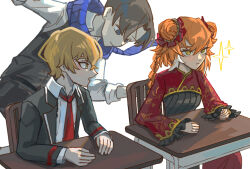  1girl 2boys blonde_hair blue_eyes blue_scarf brown_hair chair chinese_clothes commentary_request demian_(project_moon) desk double_bun dress green_eyes hair_bun hongyuan_(identity)_(project_moon) ishmael_(project_moon) korean_commentary limbus_company long_hair long_sleeves mixed-language_commentary multiple_boys orange_hair project_moon qipao scarf school_desk sinclair_(project_moon) sitting sparkle tori_(alpaca-alpaca) yellow_eyes 