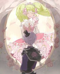  2girls black_hat black_vest bow bowtie closed_eyes closed_mouth colored_eyelashes commentary_request dress elbow_gloves facing_away falulu gloves green_hair grey_hair hair_bow hand_on_own_chest hat headphones highres long_hair looking_at_another mini_hat mini_top_hat multiple_girls pink_bow pink_dress poteto_(mochimochinc) pretty_series pripara puffy_short_sleeves puffy_sleeves purple_shirt shikyoin_hibiki shirt short_hair short_sleeves silver_tiara tiara tilted_headwear top_hat vest white_bow white_bowtie white_gloves 