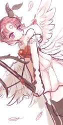  1girl boots butter_run commentary_request crossbow feathered_wings feathers heart hexagram highres holding holding_crossbow holding_weapon horns love_me_ren-ren magical_girl mahou_shoujo_ikusei_keikaku mahou_shoujo_ikusei_keikaku_breakdown pink_hair pointy_ears short_hair thigh_boots thorns violet_eyes weapon white_feathers white_wings wings 