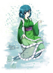  1girl 2019 arm_up blue_eyes blue_hair blush breasts commentary_request dated dress fins fish_girl furim green_dress head_fins highres large_breasts looking_at_viewer medium_hair open_mouth simple_background solo touhou wakasagihime white_background 
