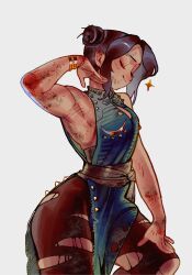  1girl absurdres battle_damage blue_dress bracelet brown_hair bruise bruise_on_arm bruise_on_face chinese_clothes chun-li closed_eyes closed_mouth dirt double_bun dress hair_bun highres injury jewelry kengyou_lei pantyhose pelvic_curtain photo-referenced qipao simple_background sleeveless smile solo street_fighter street_fighter_(2026_movie) tagme thick_thighs thighs torn_clothes torn_pantyhose upper_body 