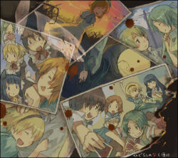  2boys 5girls animal_ears bad_id bell blonde_hair blood blood_on_photo blue_hair brother_and_sister brown_hair burning burning_photo card copyright_name crossdressing crossdressing_(mtf) furude_rika green_hair hanokage higurashi_no_naku_koro_ni holding holding_card houjou_satoko houjou_satoshi jingle_bell long_hair lowres maebara_keiichi maid maid_headdress male_maid multiple_boys multiple_girls orange_hair photo_(object) playing_card ryuuguu_rena school_uniform short_hair siblings sonozaki_mion sonozaki_shion 