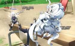  >_< :d ahoge angry ankle_boots bandaged_arm bandages black_boots black_pantyhose black_shorts black_vest blush boots breasts closed_eyes collared_shirt commentary double-parted_bangs english_commentary fate/grand_order fate_(series) fingerless_gloves frustrated full_body gloves grass grey_shirt hair_between_eyes hair_intakes happy high_heels holding jack_the_ripper_(fate/apocrypha) lace-up_boots large_breasts long_hair long_sidelocks merlin_(fate/prototype) necktie on_seesaw open_mouth outdoors pantyhose playground pointy_ears purple_necktie scar scar_on_face shirt shoes short_hair shorts sidelocks slide small_breasts smile striped_clothes striped_shirt swing teeth thigh-highs tyrnickleback unkempt upper_teeth_only vertical-striped_clothes vertical-striped_shirt very_long_hair vest wavy_hair white_hair white_shoes white_thighhighs wide_shot wrist_cuffs 