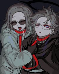  2boys :d absurdres animal_collar aotsuki_eito black_background black_cloak black_gloves black_halo black_jacket bright_pupils chinese_commentary cloak collar commentary_request drawstring dual_persona eyeliner facing_viewer gakuran glasses gloves grey_hair halo highres holding holding_leash jacket kazemotsu0616 last_defense_academy_school_uniform leash looking_at_viewer makeup male_focus multiple_boys parted_lips pocket red_collar red_eyeliner school_uniform short_hair simple_background sleeve_pouch smile spoilers sunglasses the_hundred_line_-last_defense_academy- violet_eyes white_jacket white_pupils 