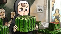  5girls absurdres baby_animal bird black_hair blonde_hair blue_eyes brown_eyes brown_hair chicken closed_eyes clumsy_nun_(diva) covering_own_mouth cube diva_(hyxpk) duck duckling english_commentary food freckles frog froggy_nun_(diva) fruit grey_hair highres little_nuns_(diva) multiple_girls nose_bubble nun rectangular_mouth sheep_nun_(diva) shy_nun_(diva) spoon square square_nun_(diva) sweat traditional_nun triangle_mouth watermelon 